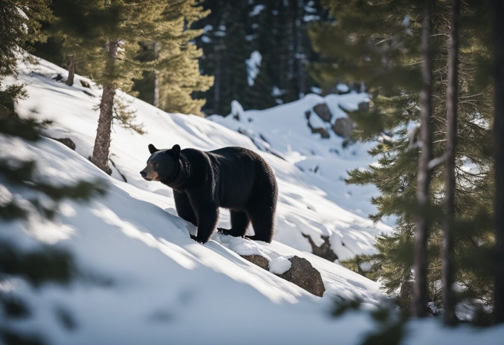 graphic of a black bear standing in a forest clearing with snow starting to melt.