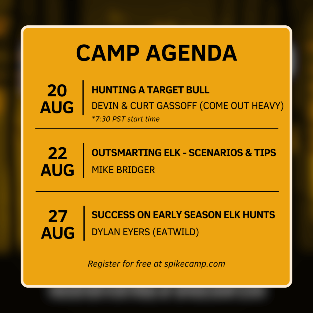 Elk Camp 2024 Agenda presented by Spike Camp.